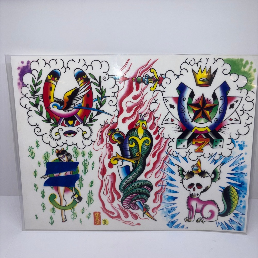 1999 Vintage Jeff Rassier Tattoo Flash Sheet Art Print 11x14 Multicolor